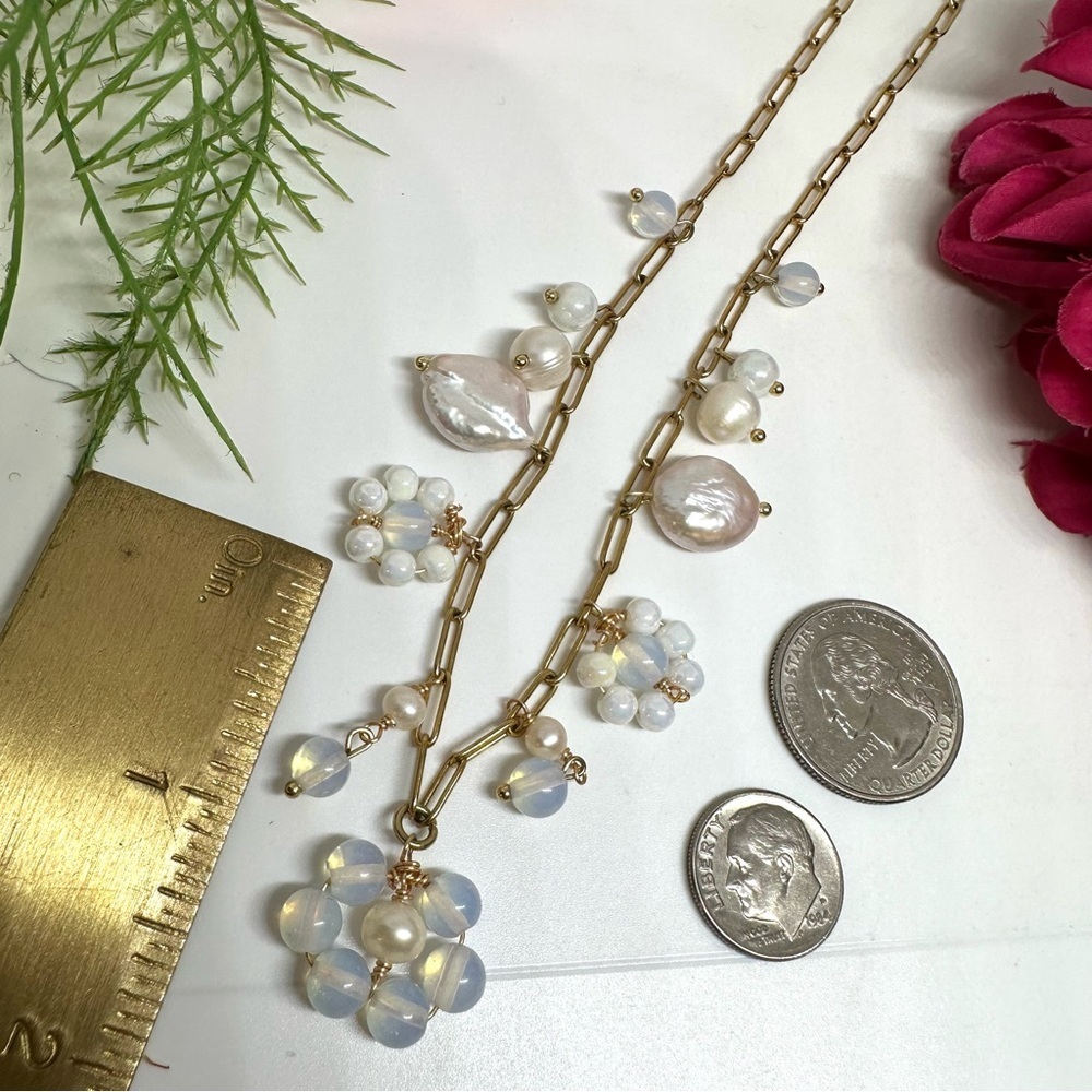NEW⚜️Opalite & Freshwater Pearl Flower Charm Necklace - Picture 8 of 10